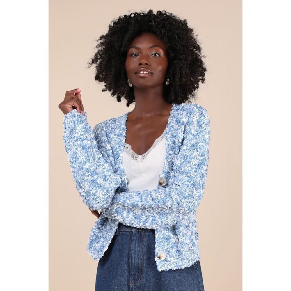 Lulus Curated Coziness Blue And White Boucle V-neck Cardigan - Size S